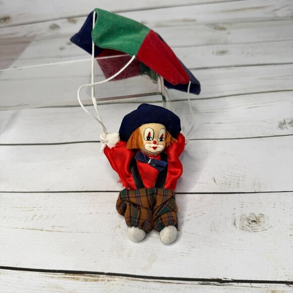 Vintage Small Ceramic & Cloth Clown Toy with Parachute Collectible Hanging Decor - Picture 1 of 9